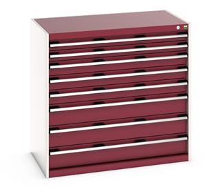 40021033.** Bott Cubio drawer cabinet with overall dimensions of 1050mm wide x 650mm deep x 1000mm high Cabinet consists of 2 x 75mm, 3 x 100mm and 3 x 150mm high drawers 100% extension drawer with internal dimensions of 925mm wide x 525mm deep. The drawers...